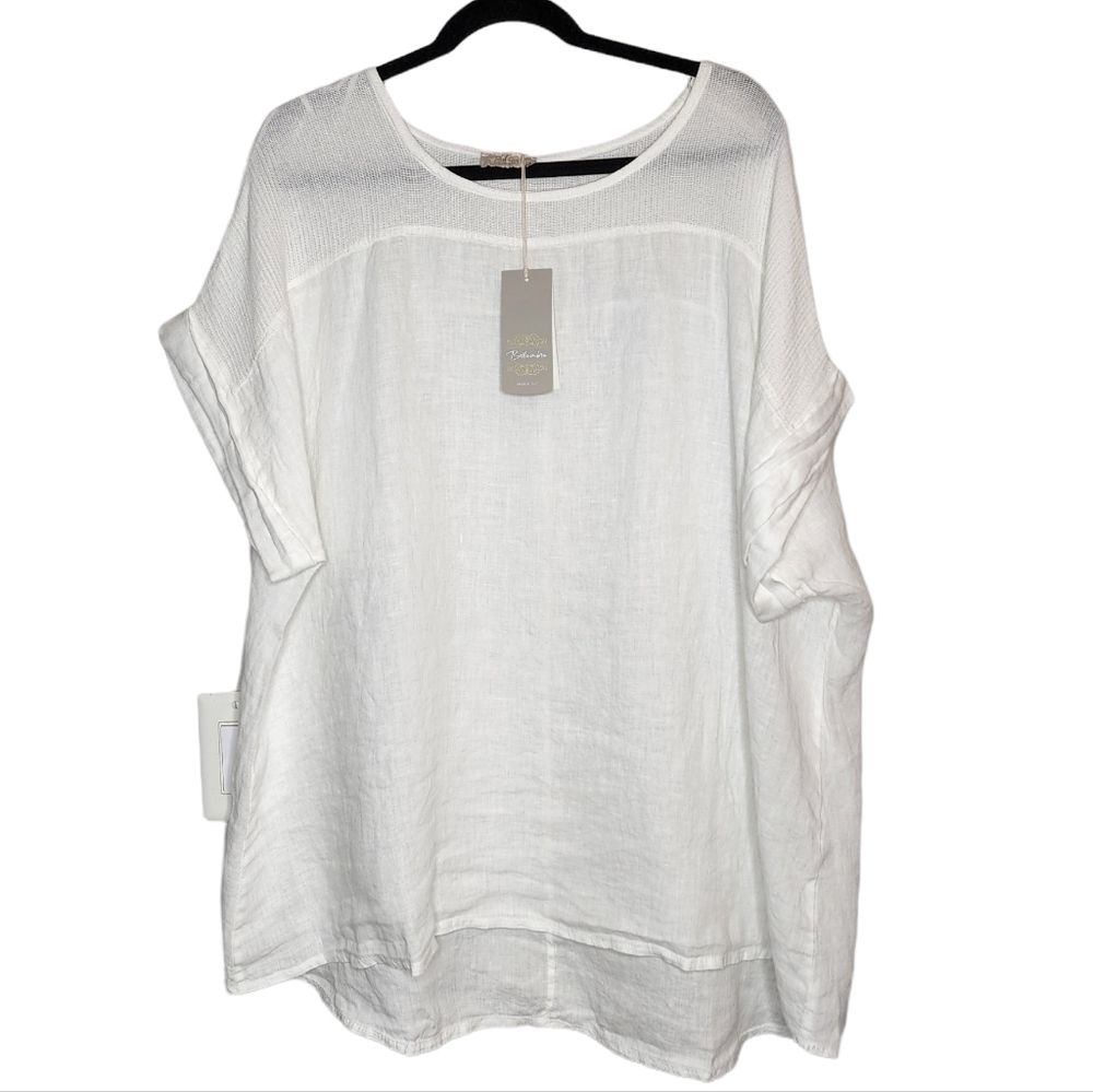 NWT Bellambra 100% Linen Gauze White Short Sleeve Top Made In Italy Size 3X